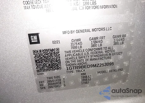 2021 GMC Sierra 1500 4Wd Standard Box Sle из США, поврежденный, VIN 1GTR9BED9MZ253095